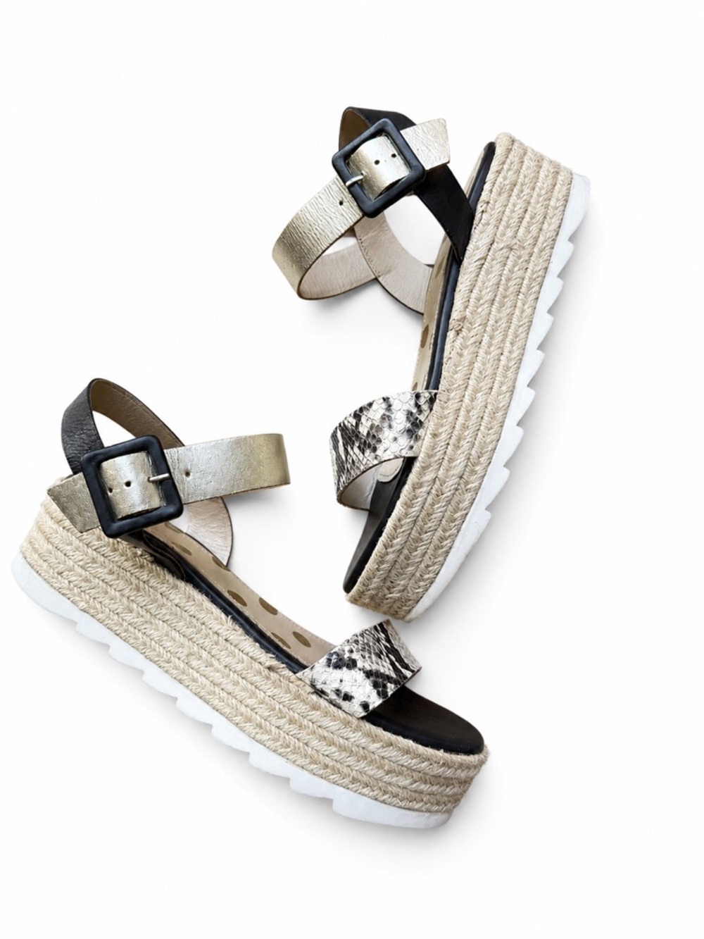 Boden Sandals Shoes Platform Espadrille black gold snake print size 39 8